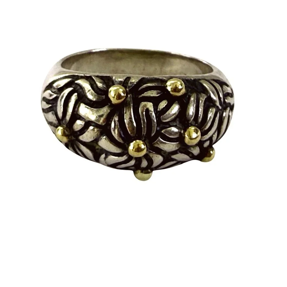 Vintage 90's 925 silver Floral Dome Ring Gold Vermeil Dots 6.4g Size 6 3/4 - Picture 1 of 12